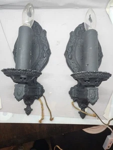 Vtg Deco Ornate Cast Metal Wall Sconces, Candle Electric Light Fixture, 2 Total - Picture 1 of 14