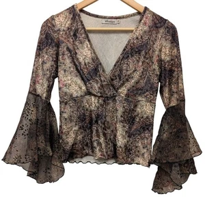 Younique Womens Paisley Floral Velour Bell Sleeve Top Medium Y2K Whimsy Coquette - Picture 1 of 8