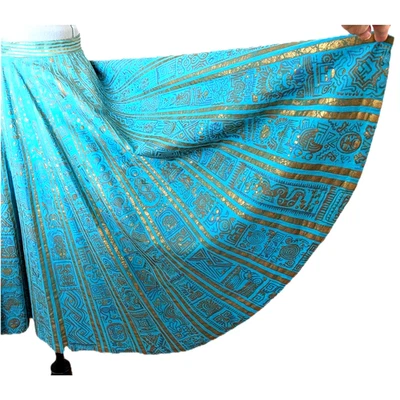 1950s MAYA de MEXICO Mayan Hieroglyph Hand Painted Aqua/Gold Circle Skirt sz. XS - Image 1 of 4