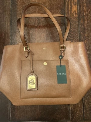 Lauren Ralph Lauren Newbury Modern Pocket Saffiano Shopper Zip Tote Tan/Gold NWT - Image 1 of 4