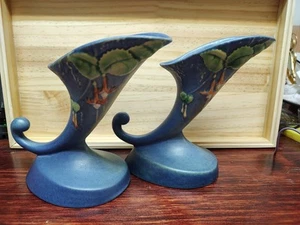 Roseville Pottery Pair Of Blue Fuschia/Bleeding Heart Cornucopia Vases #129-6 - Picture 1 of 13