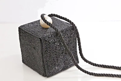 Vintage Black Sequin Box Cube Shape Pearl Detailed Shoulder Bag - Image 1 of 4