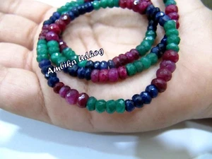 Natural Ruby Emerald Sapphire Precious Gemstone Necklace , 4mm, 16 Inches Long - Picture 1 of 5