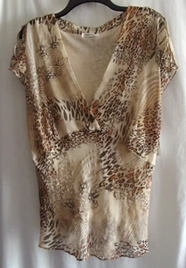 Vintage KAELYN-MAX Beige/Multi-Color SPLIT Sleeve V-Neck Y2k BLOUSE Sz L - Picture 1 of 8
