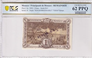 Monaco P.4a 1 Franc 1920 PPQ 62 UNC Serial B Non Remboursable - Picture 1 of 2