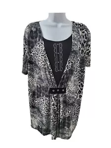 Victoria Damen Top Lagenlook Stretch Schwarz Animal Print Glitzer Kurzarm XL/XX - Bild 1 von 15
