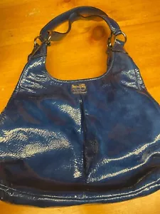 Coach Handtasche Geldbörse, glänzend blaues Leder mit grauem Seidenfutter - Bild 1 von 3