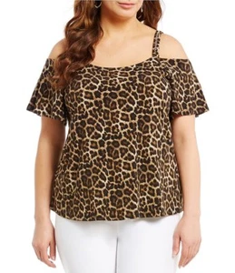NUEVO CON ETIQUETAS $84 MICHAEL KORS Tachuelas Correa Flutter Hombro Frío Top, Estampado Animal, PLUS 2X - Imagen 1 de 1