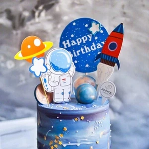 Happy Birthday Cake Topper Party Decor Space Astronaut Figurines Rocket UFO Toys - Picture 1 of 17