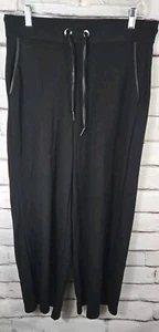 White House Black Market Weekend M Black Wide Leg Pants Drawstring Leather Trim - Picture 1 of 8