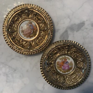Pair Of Vintage French Ornate Brass Limoges Fragonard Plaques Victorian Decor - Picture 1 of 7