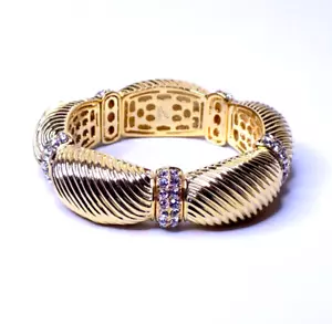 Joan Boyce Bracelet Gold Tone Stretch Clear Sparkly Crystals Textured 3/4" Wide - Picture 1 of 15