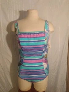 GOTTEX Blue aqua green pink Multicolor floral and Striped one piece Swimsuit 16 - Picture 1 of 9