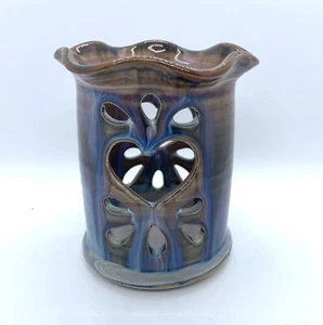 Greg Olson Art Pottery Blue Drip Glaze Cut Outs Tealight Candle Holder  - Picture 1 of 5