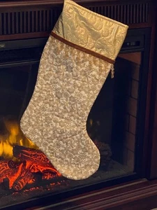 Christmas Stocking-Gold Metallic Snowflakes on White-Metallic Gold Cuff w/Trim - Picture 1 of 1