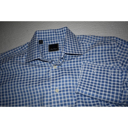VETEMENTS Camicia elegante David Donahue uomo taglia grande 16 32 33 blu a quadri cotone polsini francesi