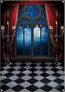 Castillo medieval vampiro gótico telón de fondo ventana de Halloween murciélagos lunares 5x7 pies - Imagen 1 de 7