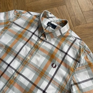 FRED PERRY Short Sleeve Check Shirt Orange Green White Size Extra Large Mod 60s - Picture 1 of 15