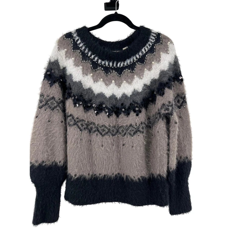Сон на снегу Anthropologie украшенный Fair Isle пушистый свитер вязаный шерсти M - Изображение 1 из 4