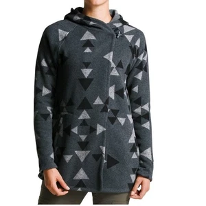 The North Face Crescent Fleece Hood Wrap Toggle Sweater Coat Grey Geo Print Sz L - Picture 1 of 9