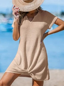 CUPSHE Costume da bagno donna in maglia waffle manica corta copricostume orlo attorcigliato vestito - Foto 1 di 7