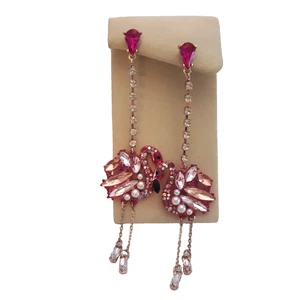 Betsey Johnson rosa Flamingo Ohrringe extra lang baumeln Strass Kunstperlen - Bild 1 von 7