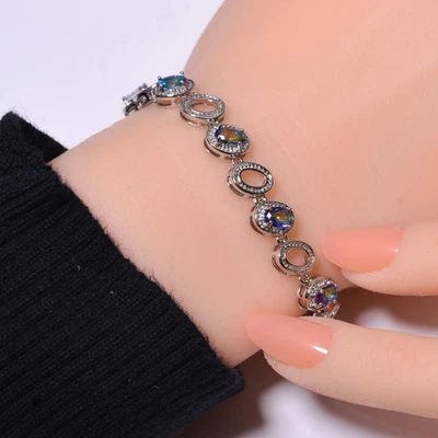 Brazalete Tenis Plata Esterlina 925 Topacio Fuego Místico Arco Iris Azul 7.99" B477405 Foto 1 de 4