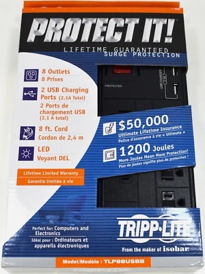 Tripp Lite TLP88USBB Surge Protector 8 Outlets 2 USB Charging Ports 8-Foot Power - Image 1 of 4