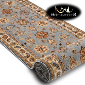 Traditional Rug WOOL Runner "KESHAN" Oriental frame blue / beige Best Quality - Picture 1 of 10