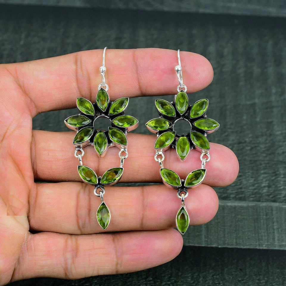 Peridot Gemstone Drop/Dangle Green Earrings 925 Sterling Silver Jewelry 3.03" - Image 1 of 4