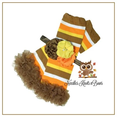 Girls Thanksgiving Striped Ruffled Leg Warmers & Headband Set, Fall, Harvest - Image 1 of 3