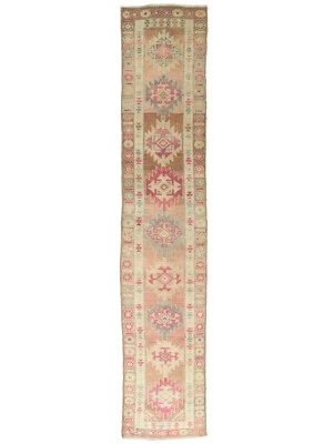 Hand Woven Turkish Oushak Faded Long Runner 2.5x12.8 ft Vintage Tribal Runner - Image 1 of 4