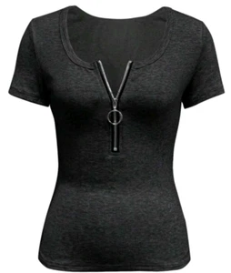 Inawly Women's Dark Gray Zip-Up Ribbed Top w/Cap Sleeves Size S - Picture 1 of 8