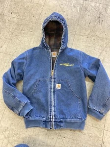 Chaqueta de mezclilla vintage Carhartt forrada azul para niños Med 7-8 abrigo de trabajo con capucha - Imagen 1 de 14