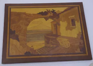 VINTAGE MARQUETRY WOOD INLAY WALL ART, ITALY, VOLCANO THROUGH SEASIDE ARCH - Picture 1 of 6