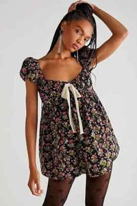Free People Gaia Floral Party Cord Tunic Mini Dress, Black, Large, RRP $128 - Picture 1 of 3