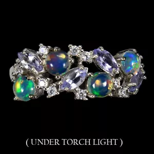 925 Sterling Silver Ring Round Fire Opal 4mm Tanzanite Gemstone Jewelry 8 - Picture 1 of 9