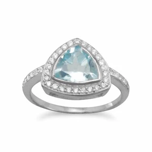 Anillo Triángulo Topacio Azul Plata de Ley con Piedras Halo Circonita Cúbica, 8 - Imagen 1 de 1