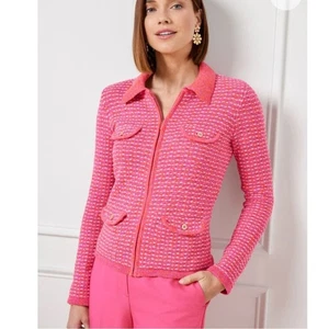 Talbots Rosa Tweed Blazer Cardigan Pullover Reißverschluss Kragen M Klassisch Preppy - Bild 1 von 16