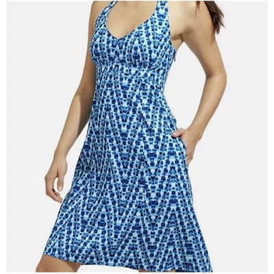ATHLETA Pack Everywhere Vestido Halter Cuello Atado Acampanado Azul Cremallera Bolsillos Talla 6 Foto 1 de 4