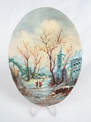 Vintage Künstler signiert Silyer Winter verschneite Dorf Szene Gemälde auf Kupfer - Bild 1 von 4