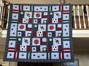 handmade sports quilt, football, soccer, basketball, baseball, appliqued - Picture 1 of 9