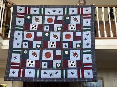 handmade sports quilt, football, soccer, basketball, baseball, appliqued - Image 1 of 4