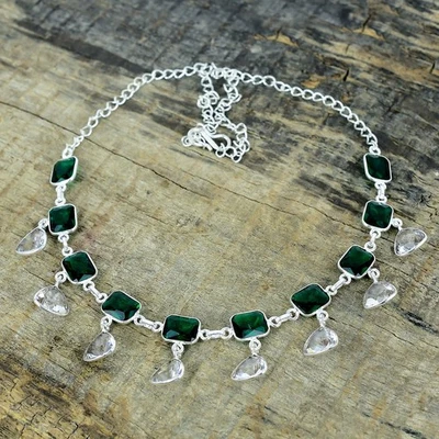 Collana In Argento Sterling 925 Con Gemme Di Topazio Bianco E Tourmalina Verde - Immagine 1 di 4