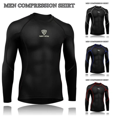 Mens Winter Base Layers Top Gym Training Cycling Thermal Compression Shirts - Image 1 of 3