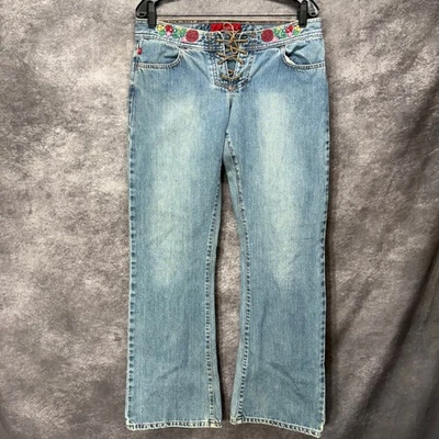 Y2K Hollister Boot Cut Flare Jeans Womens 8R Lace Up Fly Floral Embroidered RARE - Image 1 of 4
