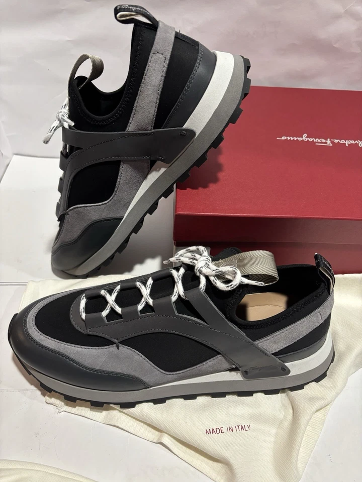 ferragamo 男式运动鞋 11 米皮革 Gancini 'Indy' 意大利制造 全新带盒 — 第 1/4 张图片