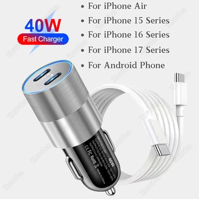 For i Phone Air 17 16 15 Samsung Dual USB C 40W Fast Car Charger Adapter PD Cord - Image 1 of 4