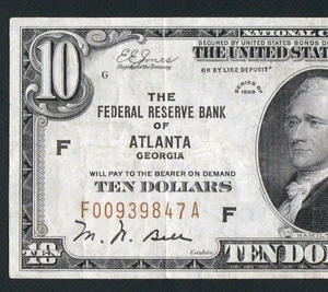 BEAUTIFUL RARE ATLANTA 1929 $10 NATIONAL CURRENCY NOTE. NO PINHOLES OR TEARS - Picture 1 of 3