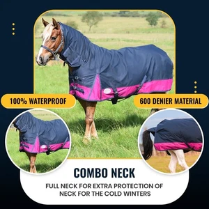 Alfombra Turnout 600 Denier Caballo Resistente al Agua Combo Cuello Azul Marino/Frambuesa 4'6-7'3 - Imagen 1 de 11